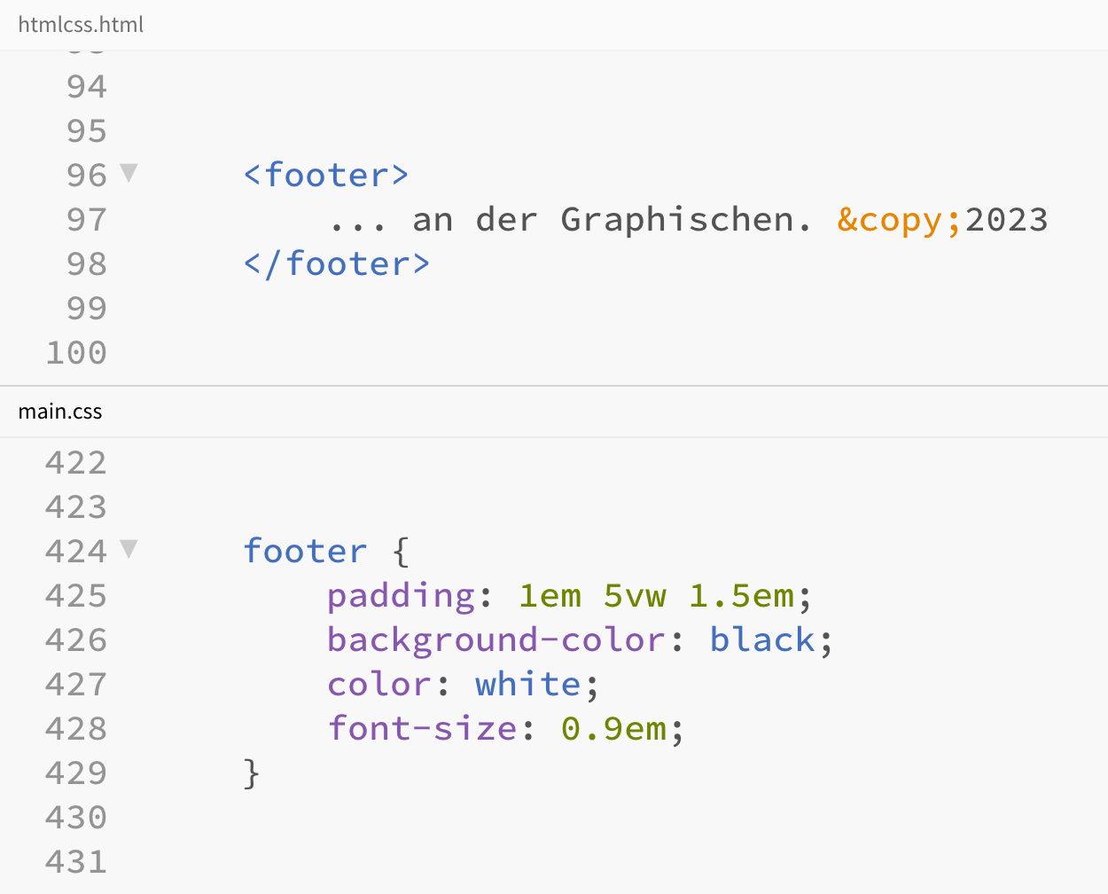 Screenshot von HTML und CSS für die Fußzeile einer Webseite.